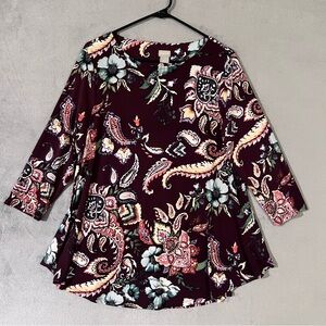 Chicos Raison Paisley Top Womens Size M Relaxed Fit Stretch Knit Maroon